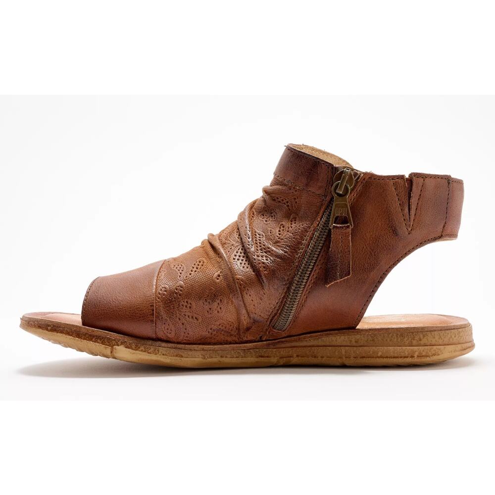 Miz Mooz 'Flaire' Women's 38 Leather Ruched Side Zip Bohemian Sandal Tan Paisley - Picture 2 of 11